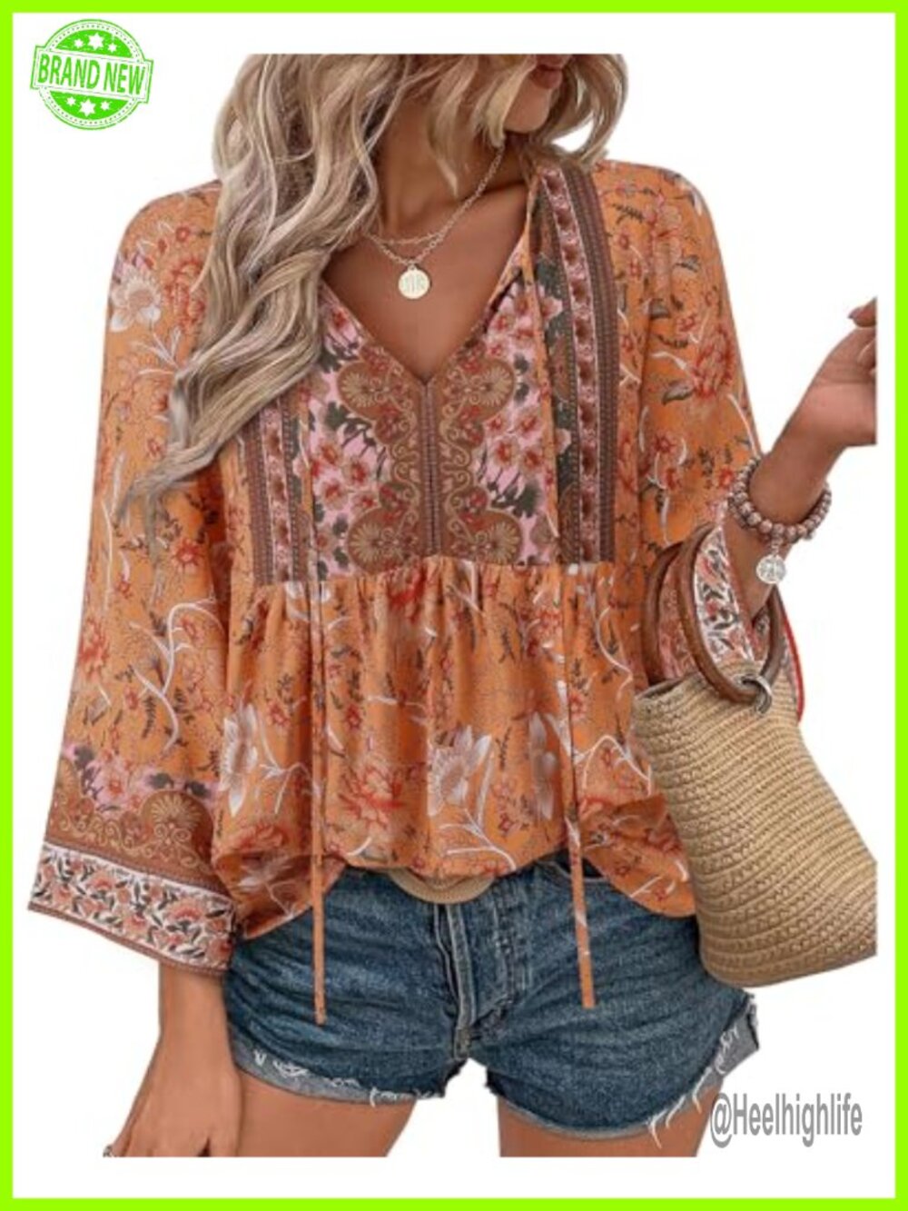 Boho Peasant Top 3/4 Flutter Sleeve V Neck Tie Front Blouse